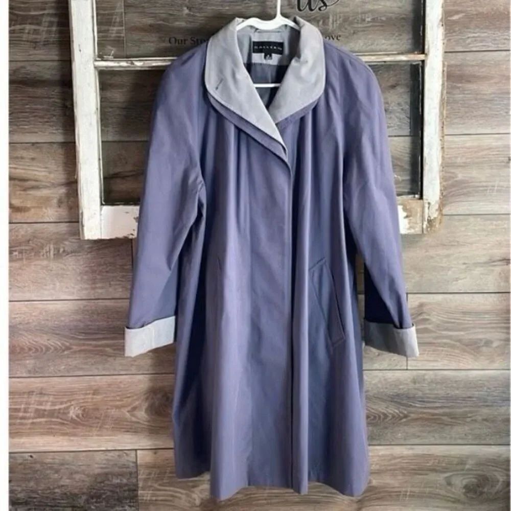 GALLERY Button Trench Coat Sz M Lavender Purple Double Collar Lined Pckts Vntage